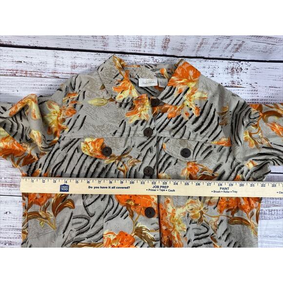 Studio Works Tan Orange Yellow Floral Sequin Cotton Button Up Jacket size Large - Picture 8 of 11